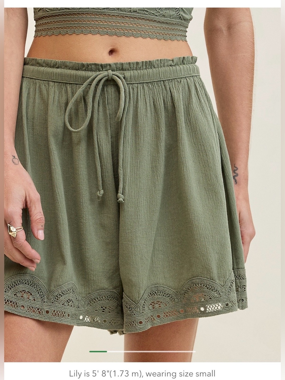 Aerie Women’s Off Duty Gauze Olive Green Crochet-Hem Drawstring Shorts - Medium